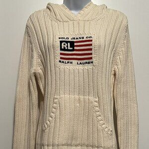 VTG Old Money 90's Preppy Americana Ralph Lauren Flag Sweater w/Hoodie Womens XL